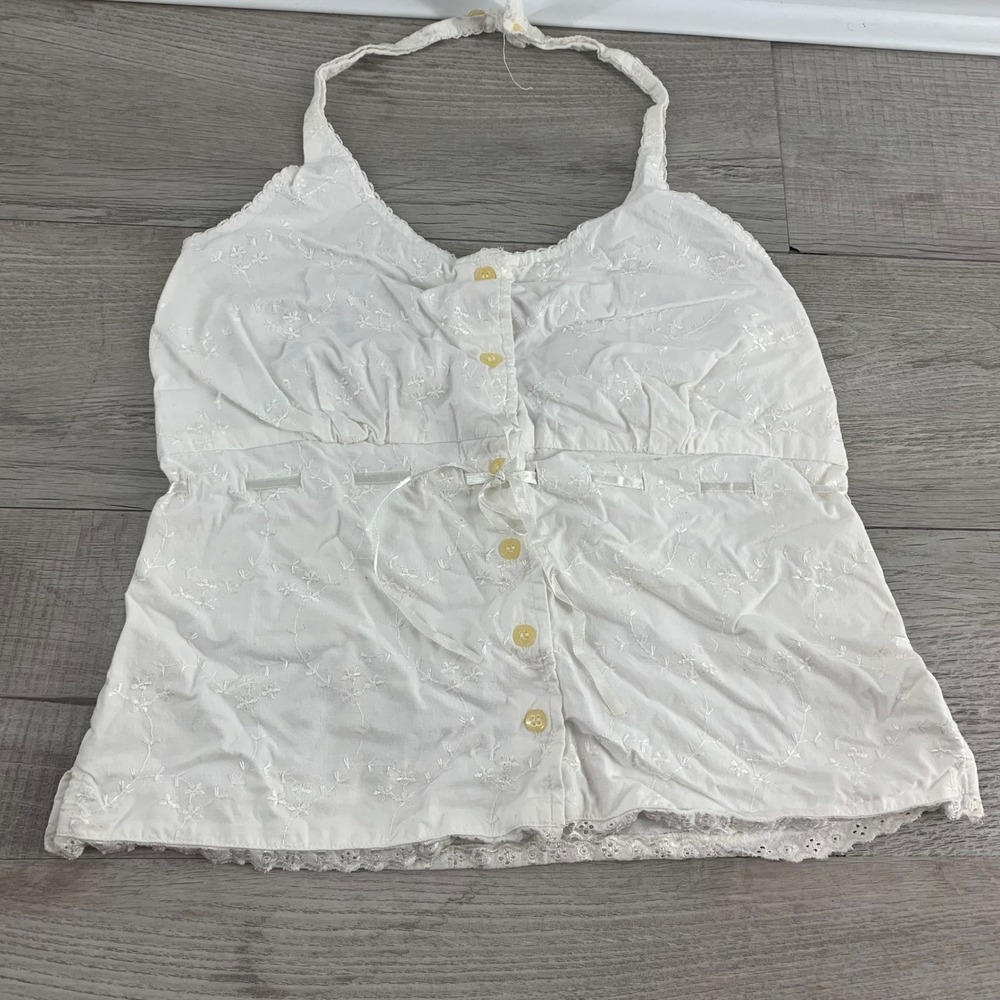 Faded Glory White Embroidered Eyelet Halter Top Cotton Boho Cottagecore Medium